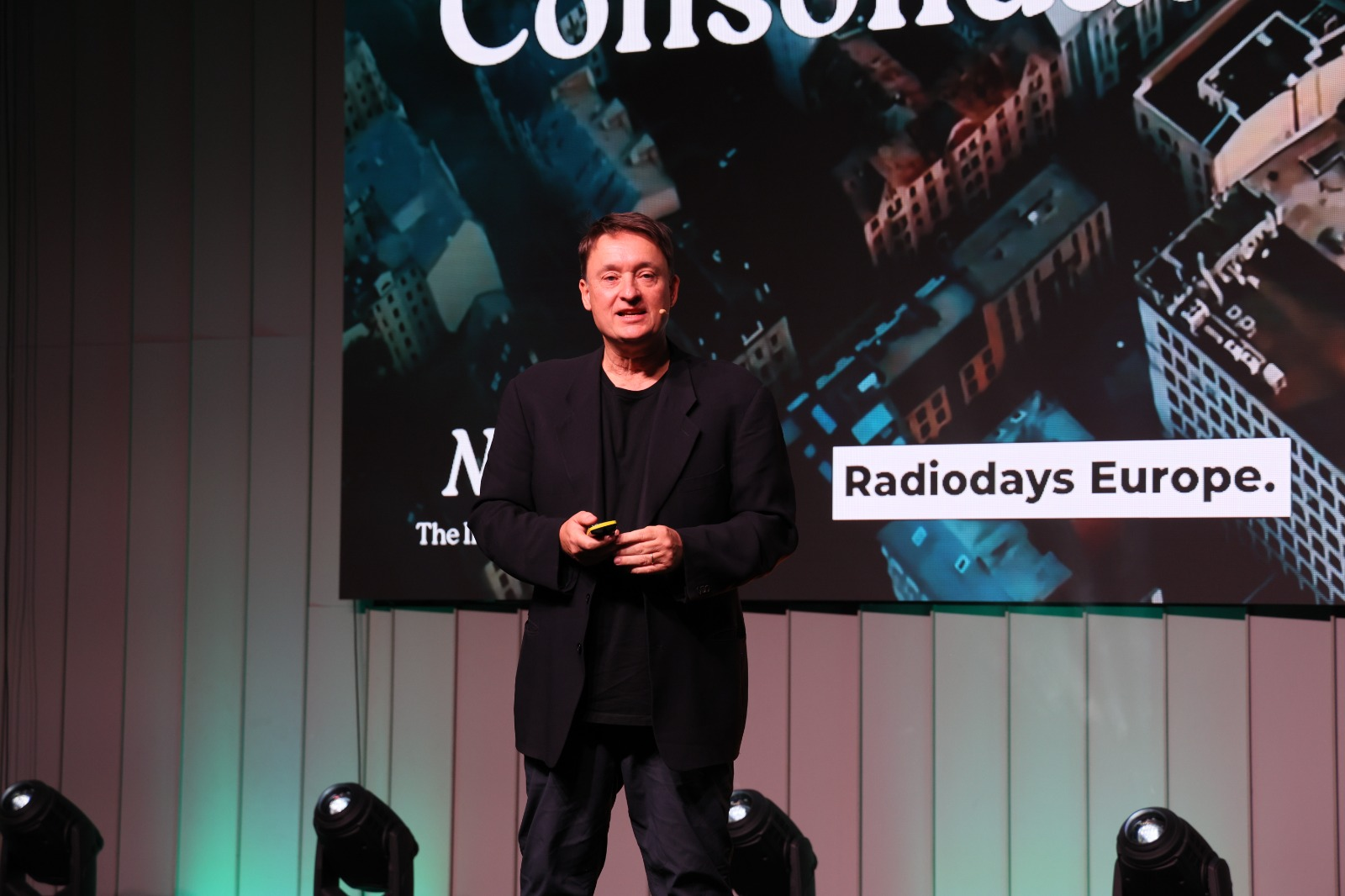 Clive Dickens on stage at Radiodays 2026 in Riga, Latvia.